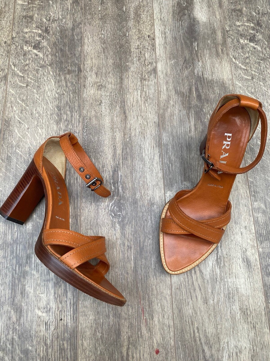 【ばに】PRADA Leather Strap Heels Prada Brown Camel Leather Ankle ⚡️Strap High Heel Sandals