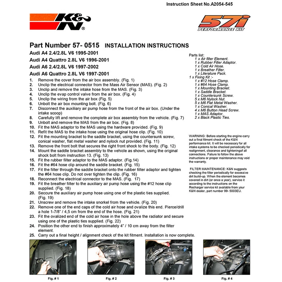 Комплект системы впуска холодного воздуха K&N 57-0515 для 95-01 Audi A4 / 97-01 A6 2,4 л 2,8 л V6 - Изображение 3 из 4