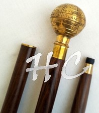 wooden walking cane stick handmade gift vintage brass designer globe head handle