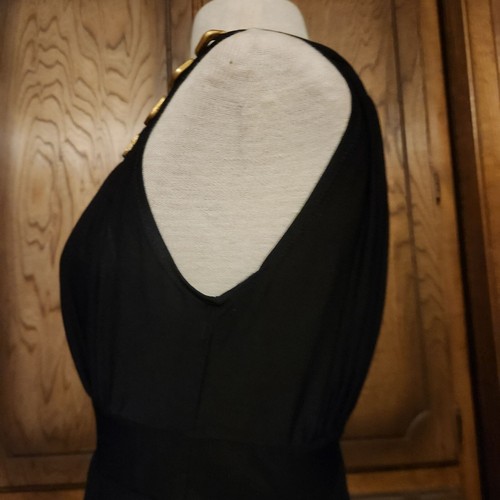 Black Sleeveless Midi Dress With Gold Geometric Embellished Neckline & Gathered - Picture 4 of 7