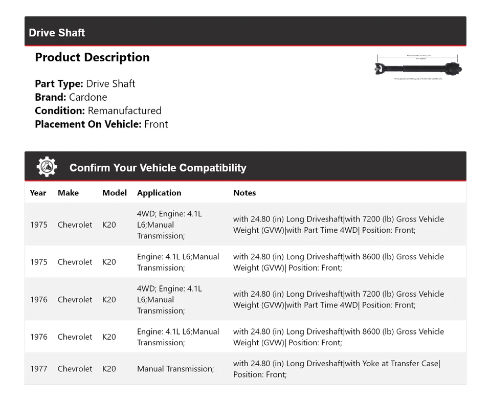 Eje de transmisión delantero cardone 1976 para Chevrolet K20 1975-1977 Foto 2 de 4