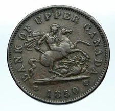 1850 UPPER CANADA Antique UK Queen Victoria Time PENNY BANK TOKEN Coin i83726