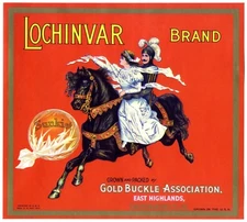 LOCHINVAR~ORIGINAL 1930s EAST HIGHLANDS CALIFORNIA~OLD ORANGE FRUIT CRATE LABEL