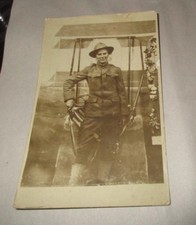 Real Photo Postcard  World War I Soldier Uniform Hat Standing Posing For Camera