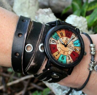Distressed black leather wrap watch with Multicolor watch face