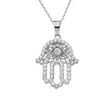 .925 Sterling Silver Studded Hamsa Hand CZ Evil Eye Filigree Pendant Necklace