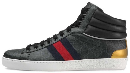 Gucci Ace Stripe Sneakers Men 12 Black Leather Low Tops GG 523469
