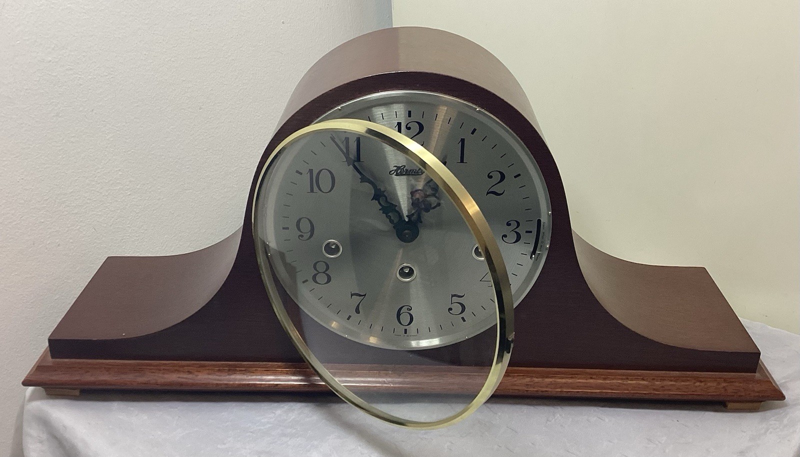 Hermle German Mahogany Napoleon Hat Shaped Mantle Clock Westminster Chime