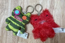 Fuggler Ugly Monsters 5” Clip-On Key Ring ~Green Stripes & Red Fuzzy ~Lot Of 2