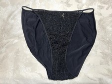 Vtg DONNA LOREN 105X Embroidered Sheer Mesh Satin 4X Black String Bikini Panties