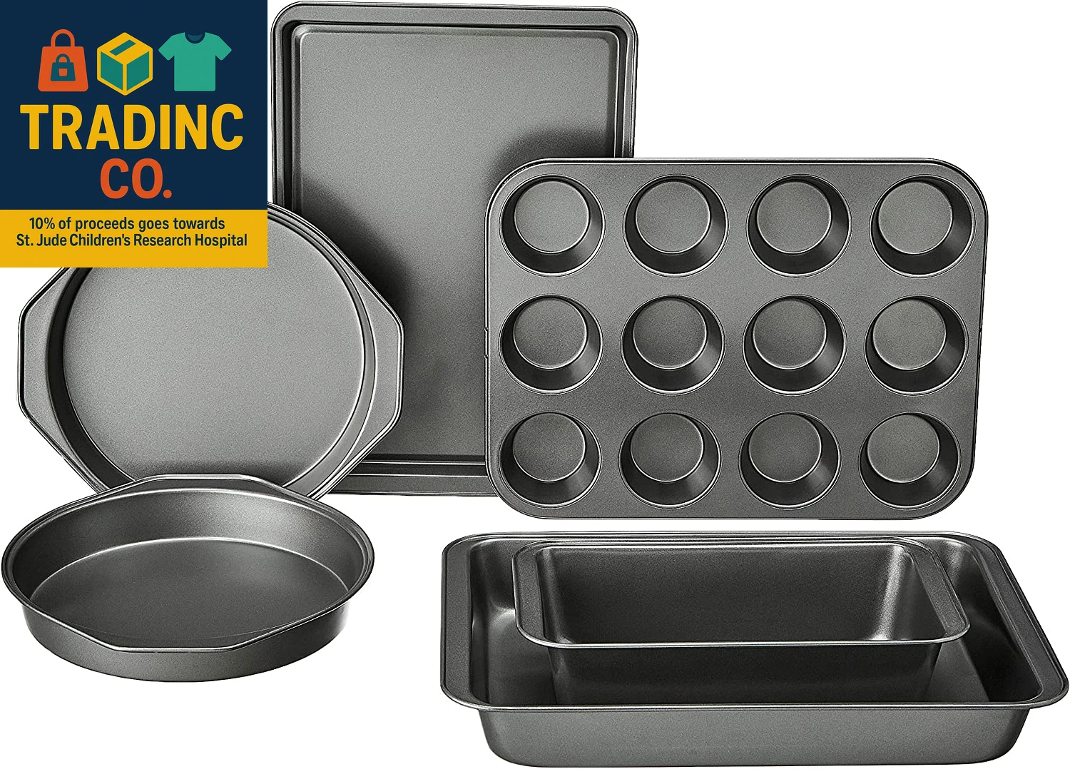 6 Piece Nonstick, Carbon Steel Oven Safe Bakeware Set with Cake, Muffin, Cookie,