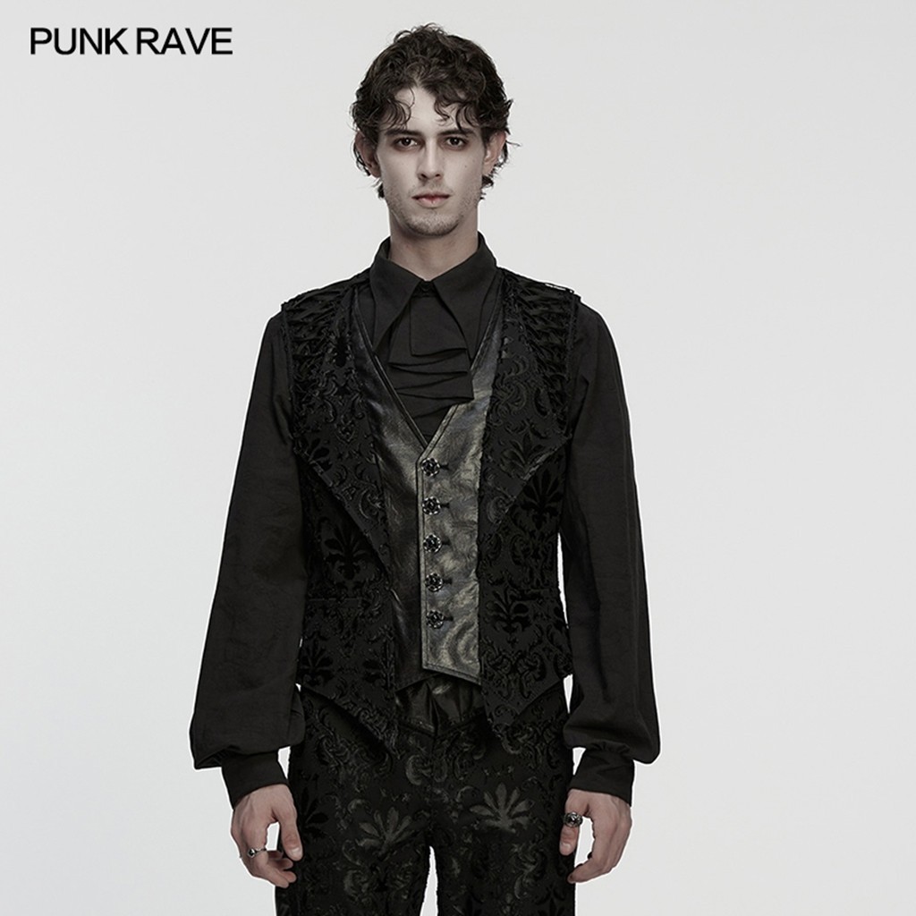 Punk Rave Men Black Gothic Retro Palace Embroidered Vest Elegant Waistcoat