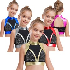 Kids Girls Shirts Jazz Crop Top Color Block Vest Gymnastic Bra Rhinestones
