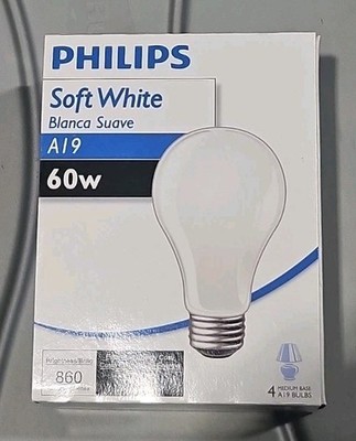 NEW PHILIPS SOFT WHITE 60W LIGHT BULBS 120V A19 4PK OLD STYLE GLASS NON LED!