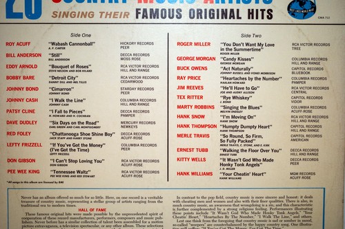 FAMOUS ORIGINAL HITS By 25 Great Country Music Artists LP CMA 712 1965 Mono 12" - Picture 6 of 6
