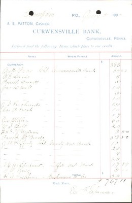 1893 Curwensville Bank PA Ledger Statement A. E. Patton Cashier Vintage Paper