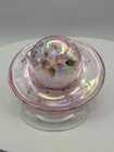 Fenton iridescent pink glass hat with hand-painted florals signed by artist