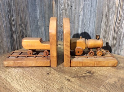Vintage Primitive Bookends Folk Art Handmade Book Ends Train Theme I7