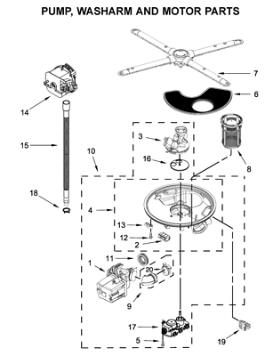 WPW10531320 Whirlpool Dishwasher Drain Pump, see #14 on the Diagram