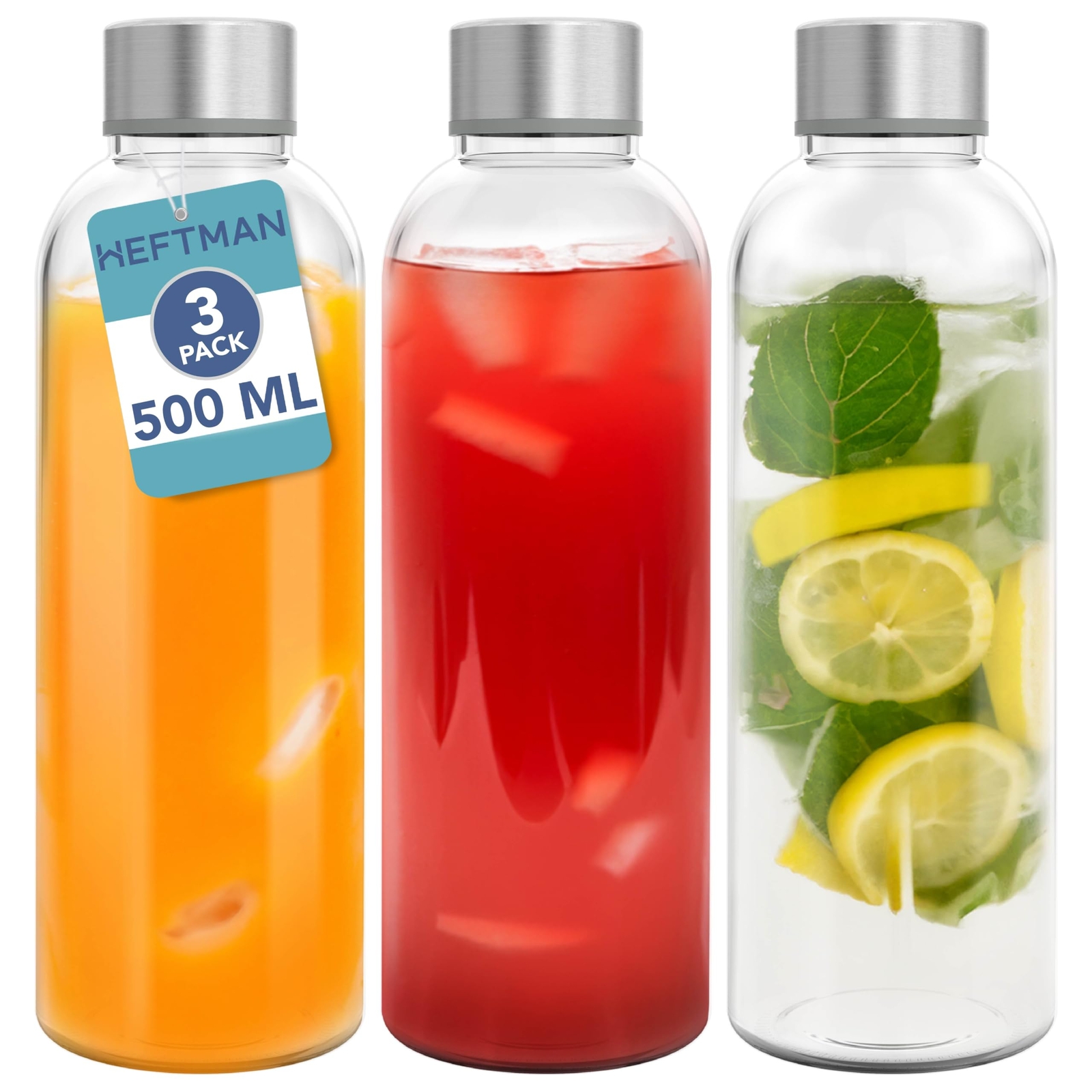 HEFTMAN Clear Glass Bottles with Lids Reusable Storage Juices 500 mL 3 Pack