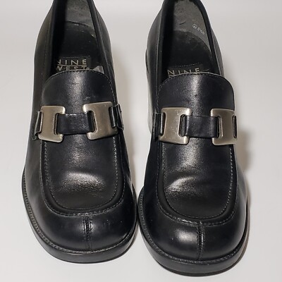 Vintage 90s Nine West Jenkins Black Leather Chunky Heel Shoes Size
