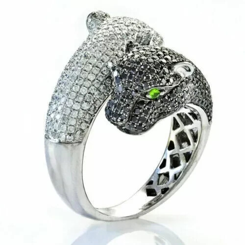 3Ct Round Cut Simulated Peridot Panther Bypass Ring 14k White Gold Plated Silver - Picture 4 of 8