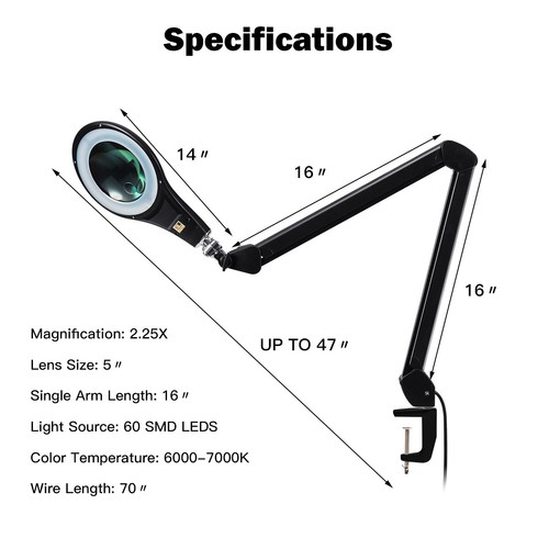LED Magnifying Glass Desk Lamp w/ Swivel Arm & Clamp 2.25x Magnification Black - Picture 5 of 8