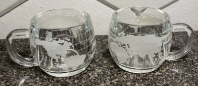 Nice!! Pair of  Vintage NESTLE Coffee GLOBE Glasses Earth World Mugs Nescafe