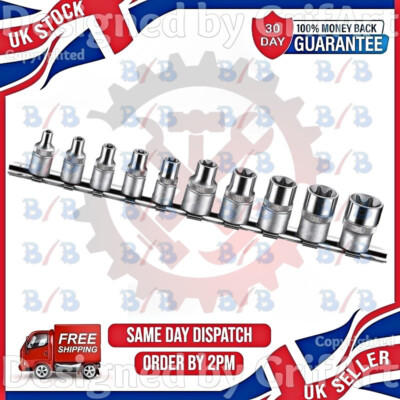 10PC FEMALE E STAR SOCKET SET TORX TORQ TORQUE 1/4'' 3/8'' DRIVE STORAGE RAIL