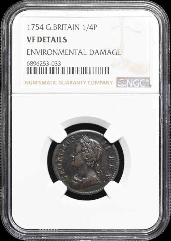 GREAT BRITAIN. King George II, 1754 AD England Farthing 1/4p 1727-1760, NGC VF - Image 3 of 4