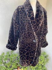 Vtg Mob Wife Style Jacket Coat faux fur black brown Animal Leopard Print Large