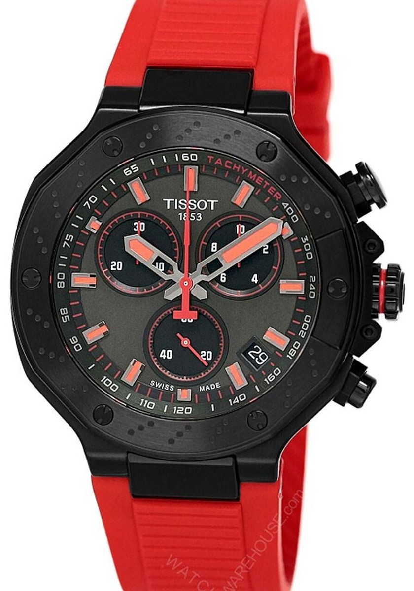 TISSOT クロノグラフ 腕時計 ブラック/レッド TISSOT T-Race Quartz Chrono 45MM Red Silicone Men's Watch T141