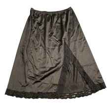 Vanity Fair Vintage Black Lace Trim Half Slip Side Slit Nylon Antron III Med L