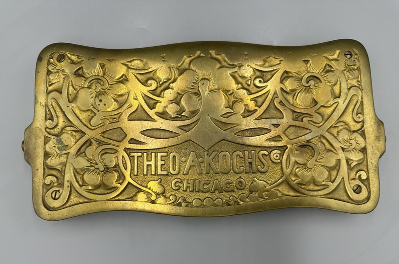 Antique Theo A Kochs Chicago Brass BARBER CHAIR FOOTREST Plate Art Nouveau Sign