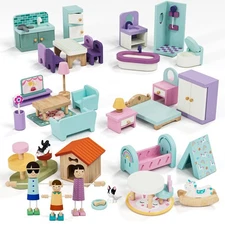 Lehoo Castle Wooden Dollhouse Furniture Set 39 Pcs Kids Play Pretend Toy 3+