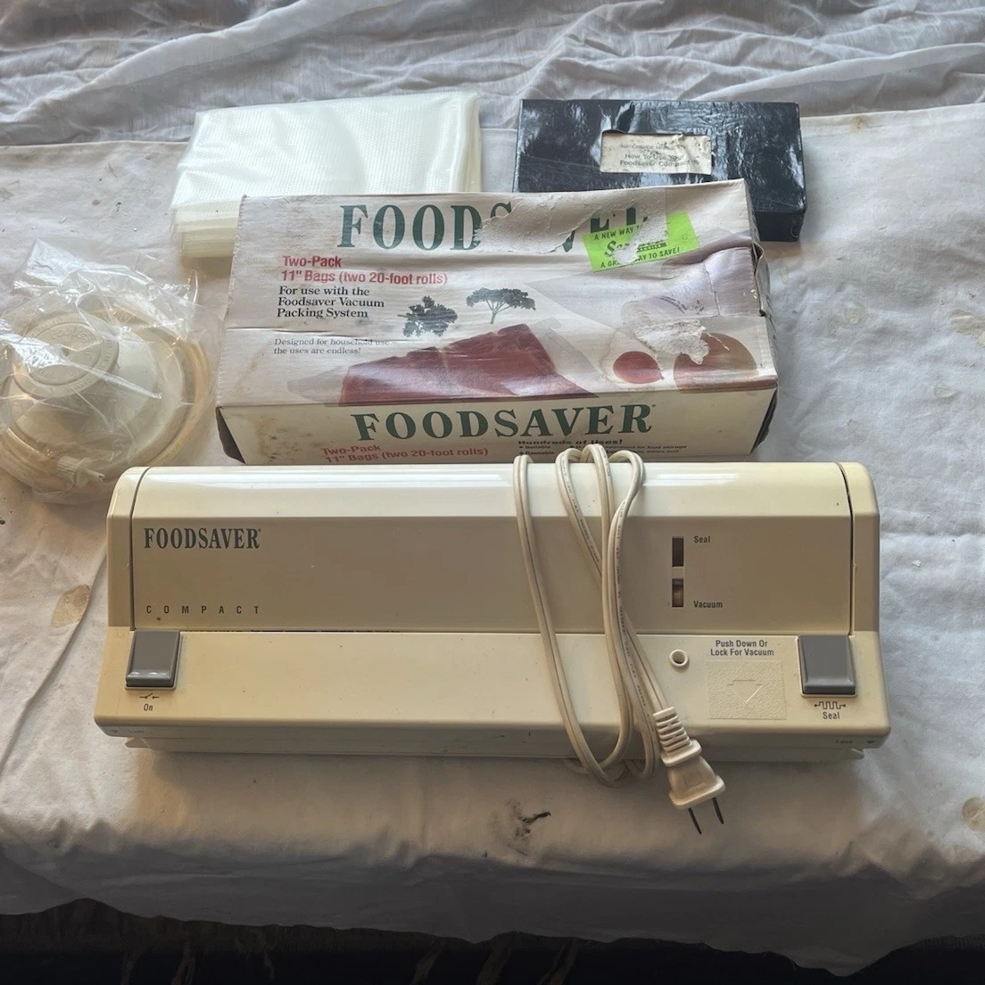 FoodSaver Compact Manual Electric Vacuum Sealer Beige with Bags and Adapter