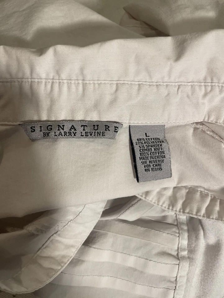 Larry Levine 签名衬衫白色纽扣细条纹打褶 L 码 — 第 2/4 张图片