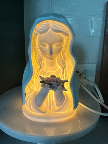 Vintage Madonna Night Light Lamp Virgin Mary Bisque Porcelain Religious Statue