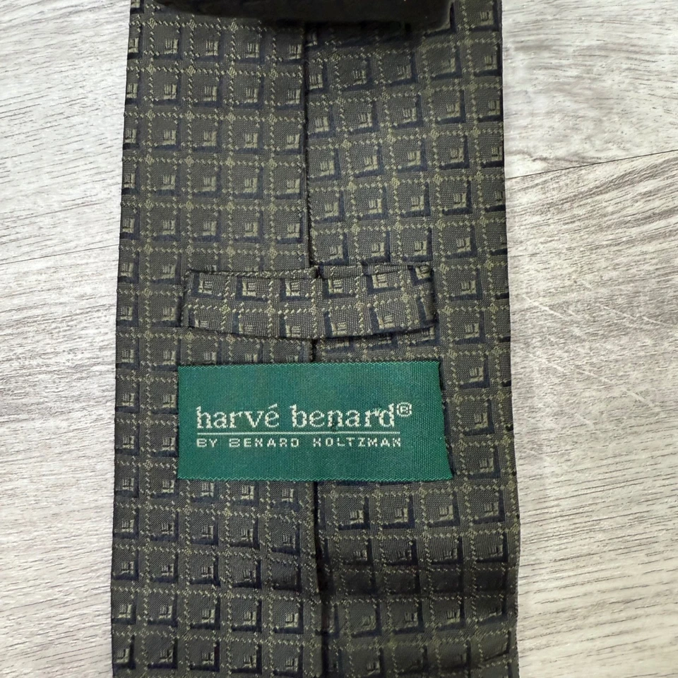 Corbata Harvé Benard Hombre Negra Verde Oliva Geométrica Tejida Carrera Formal Foto 3 de 3