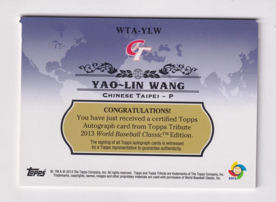 2013 Topps Tribute Clásico Mundial de Béisbol Autógrafo #WTA-YLW YAO-LIN WANG AUTO Foto 2 de 2