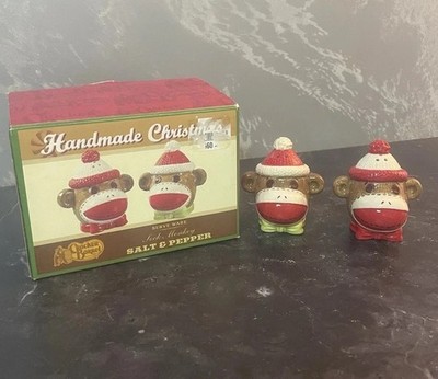 Cracker Barrel Socke Monkey Salz & Pfefferstreuer Set Santa Weihnachten Urlaub GC