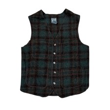 Vintage 90s 2000s GAP Recycled Wool Plaid Gilet Vest Mens XS Green Brown Preppy