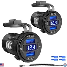 2 Pack 90W USB Car Charger Socket Dual 30W PD Quick Charge 3.0 with Voltmeter