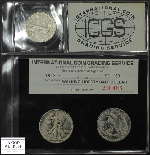 1942 S Walking Liberty Silver Half Dollar 50C Old Photo Certificate ICGS MS 63