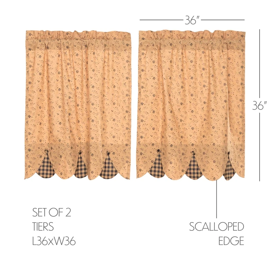 Conjunto de 2 cortinas de nível primitivo Maisie algodão floral preto bronzeado 36x36" marcas VHC - Imagem 3 de 4