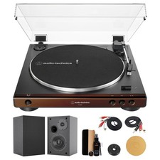 Audio-Technica AT-LP60X-BW Brown/Black Turntable 4" Speakers Cork Mat Bundle