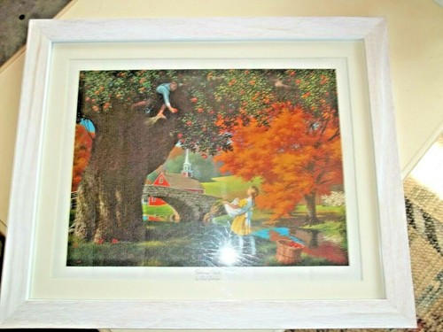 Vintage 1968 "Gathering Apples" Detlefsen White Framed Lithograph Art Print - Picture 5 of 5