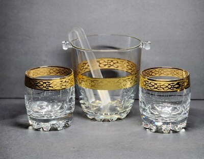 Pasabahce Ice Bucket Set 4pc 2 Lowball Rocks Glasses Tongs MCM Vtg Gold Rim EUC