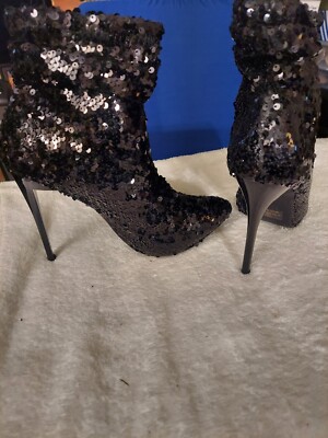 Liliana Black Sequin Fabric Stiletto Ankle Boots Size 8M
