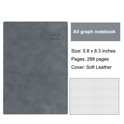 A5 Soft Leather Cover Graph Paper Notebook 288 Pages Grid Journal, 5.8 X 8.3" - Picture 10 of 10